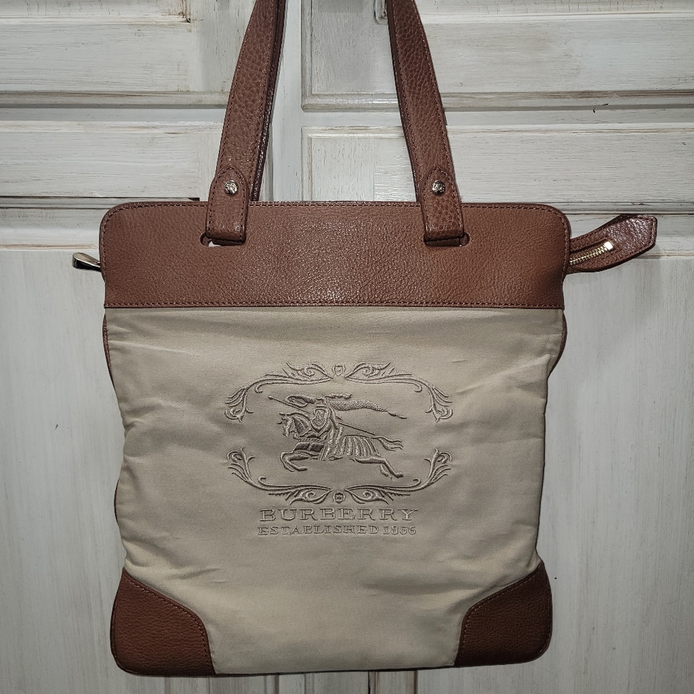 Burberry Stowell Roll-Up Canvas Leather Tote purse handbag